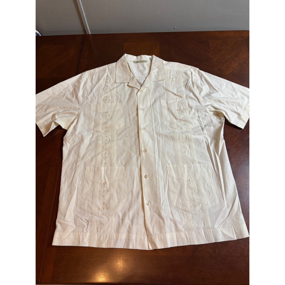 Havanera Mens XL Cream Guayabera Short Sleeve Embroidered Cuban Camp Shirt